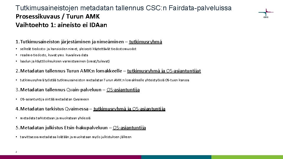 Tutkimusaineistojen metadatan tallennus CSC: n Fairdata-palveluissa Prosessikuvaus / Turun AMK Vaihtoehto 1: aineisto ei Tutkimusaineistojen metadatan tallennus CSC: n Fairdata-palveluissa Prosessikuvaus / Turun AMK Vaihtoehto 1: aineisto ei