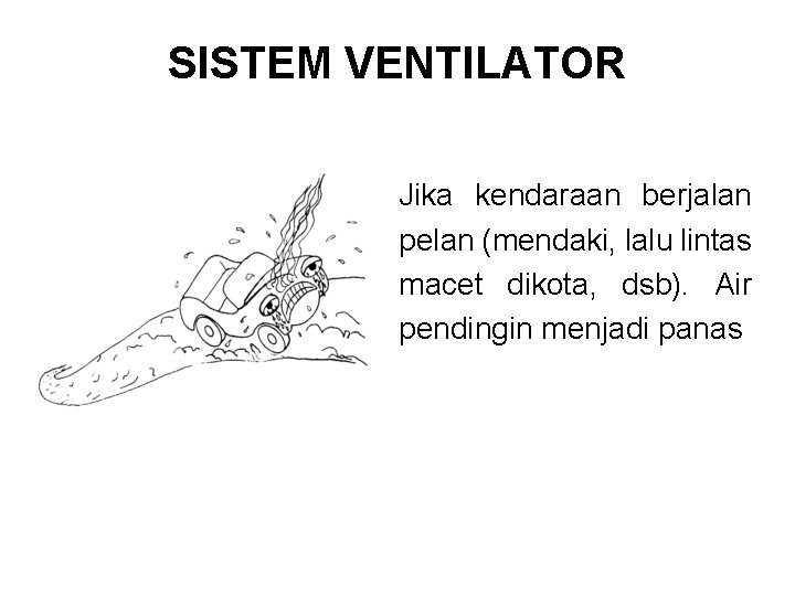 SISTEM VENTILATOR Jika kendaraan berjalan pelan (mendaki, lalu lintas macet dikota, dsb). Air pendingin