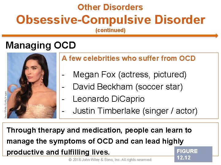 Other Disorders Obsessive-Compulsive Disorder (continued) Managing OCD A few celebrities who suffer from OCD