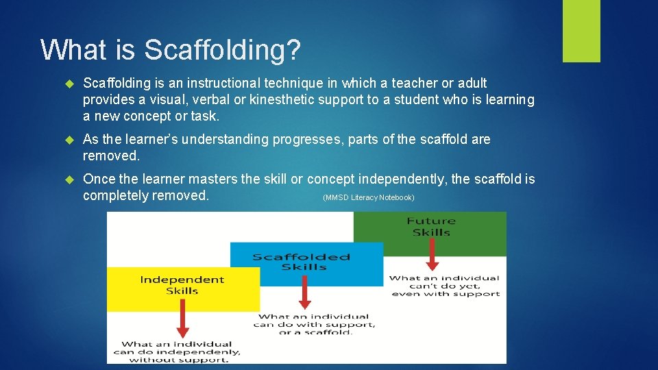 What is Scaffolding? Scaffolding is an instructional technique in which a teacher or adult
