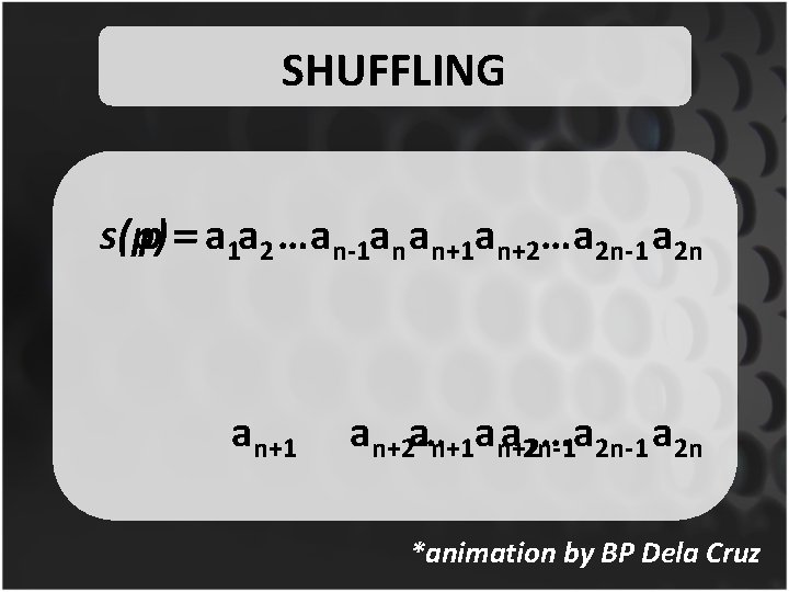 SHUFFLING s(p) p == a 1 a 2 … an-1 an an+1 an+2… a