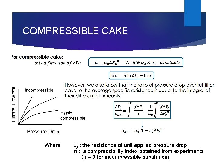 COMPRESSIBLE CAKE Where 0 : the resistance at unit applied pressure drop n :