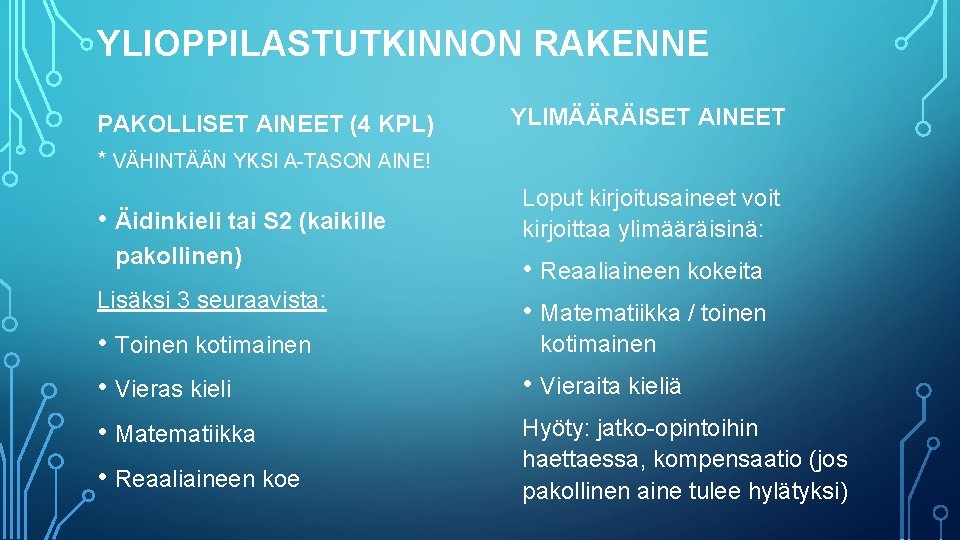 YLIOPPILASTUTKINNON RAKENNE PAKOLLISET AINEET (4 KPL) * VÄHINTÄÄN YKSI A-TASON AINE! • Äidinkieli tai