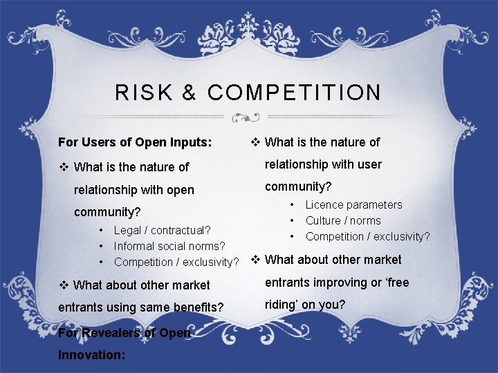 RISK & COMPETITION For Users of Open Inputs: v What is the nature of