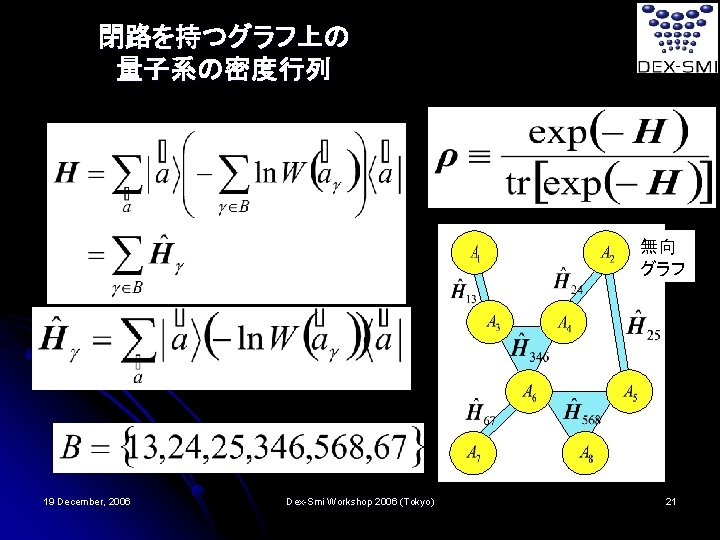 閉路を持つグラフ上の 量子系の密度行列 無向 グラフ 19 December, 2006 Dex-Smi Workshop 2006 (Tokyo) 21 