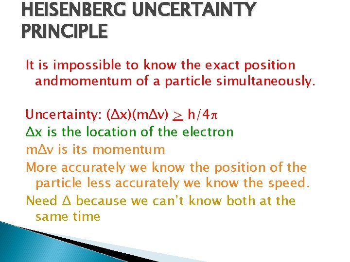 HEISENBERG UNCERTAINTY PRINCIPLE It is impossible to know the exact position andmomentum of a