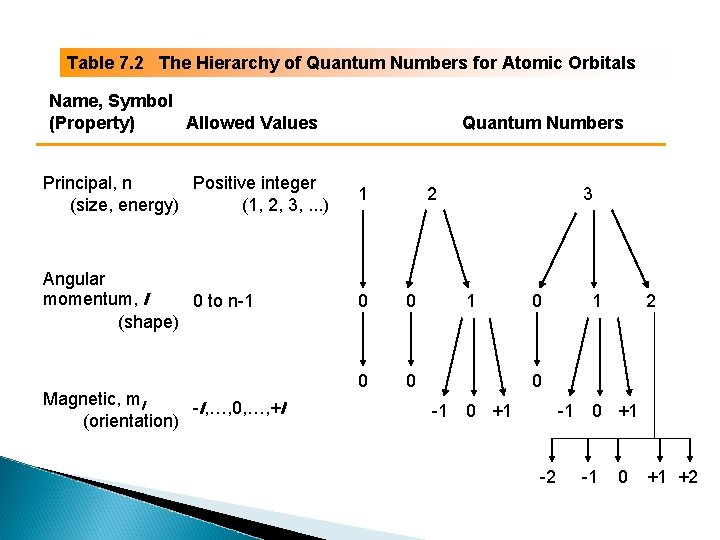 Table 7. 2 The Hierarchy of Quantum Numbers for Atomic Orbitals Name, Symbol (Property)