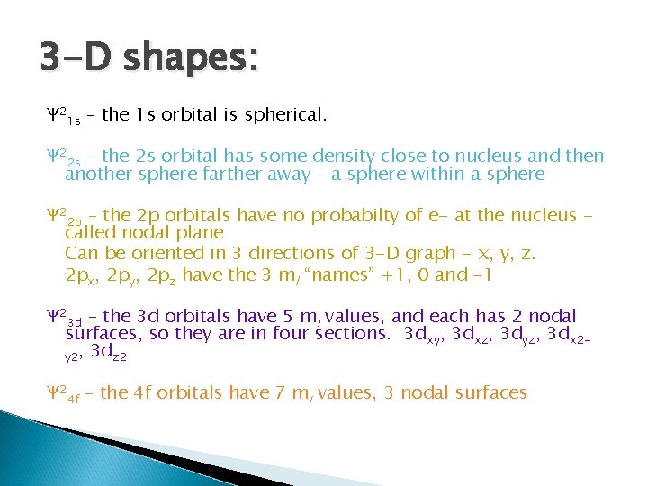 3 -D shapes: Ψ 21 s – the 1 s orbital is spherical. Ψ