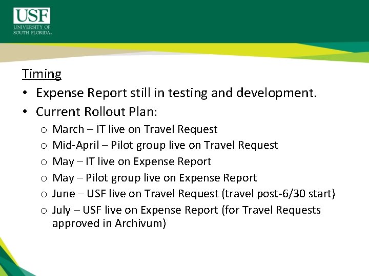 Timing • Expense Report still in testing and development. • Current Rollout Plan: o