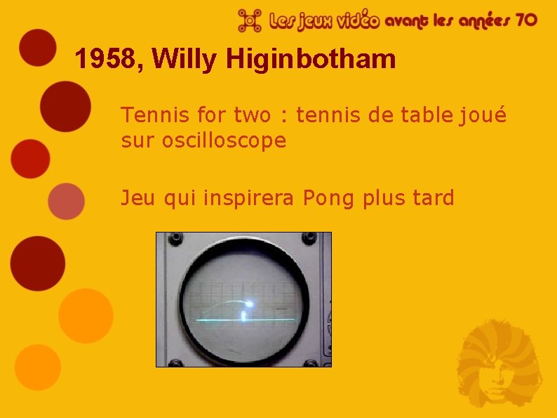 1958, Willy Higinbotham Tennis for two : tennis de table joué sur oscilloscope Jeu