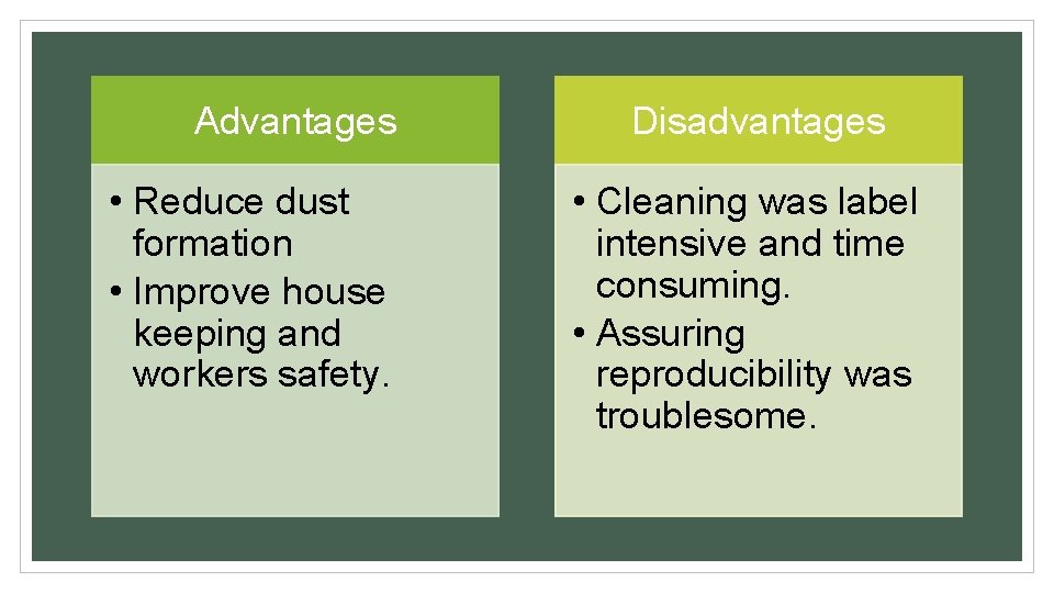 Advantages • Reduce dust formation • Improve house keeping and workers safety. Disadvantages •