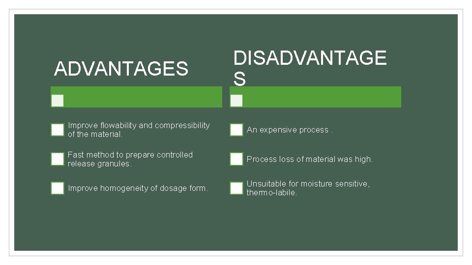 ADVANTAGES DISADVANTAGE S Improve flowability and compressibility of the material. An expensive process. Fast