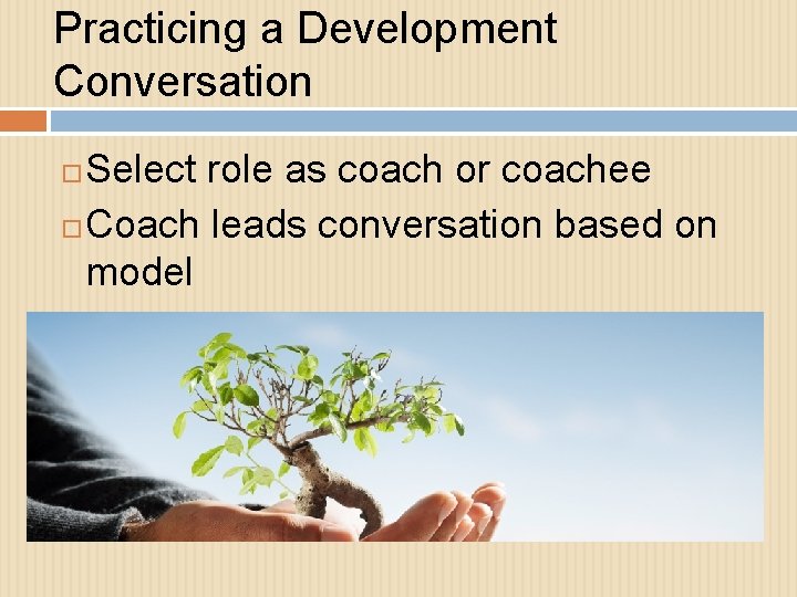 Practicing a Development Conversation Select role as coach or coachee Coach leads conversation based