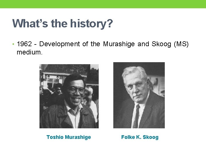 What’s the history? • 1962 - Development of the Murashige and Skoog (MS) medium.
