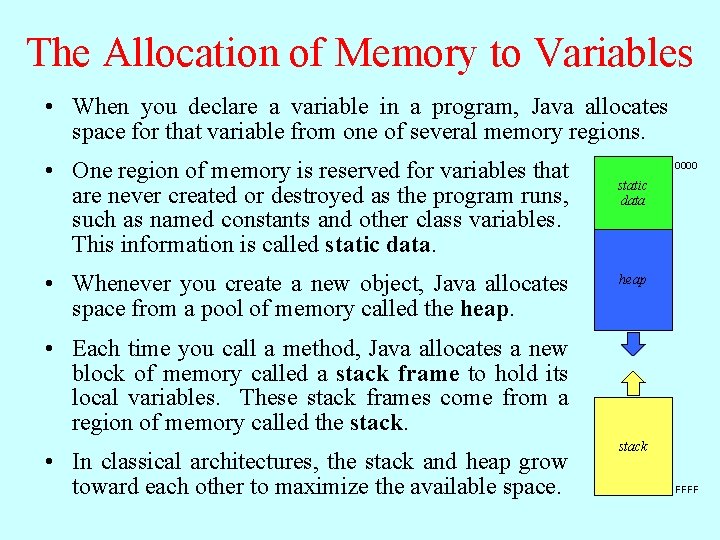 The Allocation of Memory to Variables • When you declare a variable in a