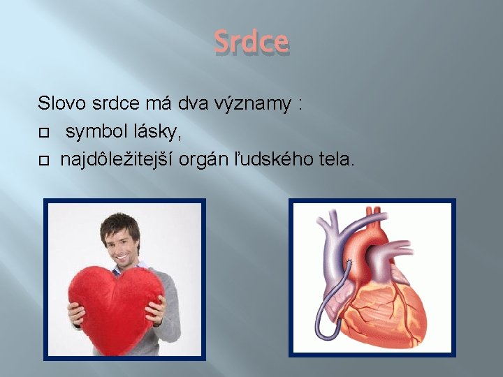 Srdce Slovo srdce má dva významy : symbol lásky, najdôležitejší orgán ľudského tela. 