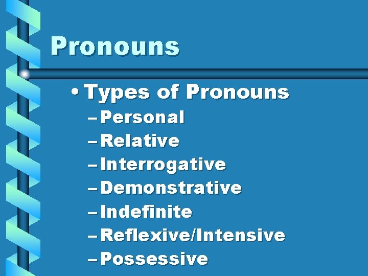 Pronouns • Types of Pronouns – Personal – Relative – Interrogative – Demonstrative –