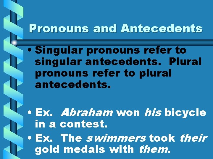 Pronouns and Antecedents • Singular pronouns refer to singular antecedents. Plural pronouns refer to