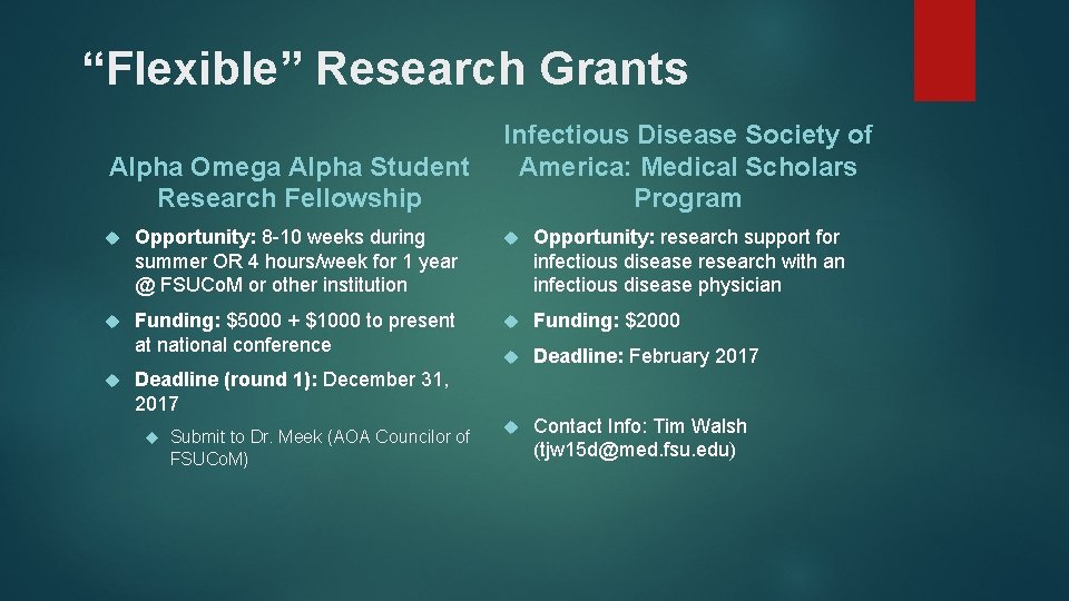 “Flexible” Research Grants Alpha Omega Alpha Student Research Fellowship Infectious Disease Society of America: “Flexible” Research Grants Alpha Omega Alpha Student Research Fellowship Infectious Disease Society of America: