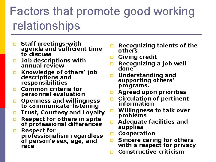 Factors that promote good working relationships p p p p Staff meetings-with agenda and