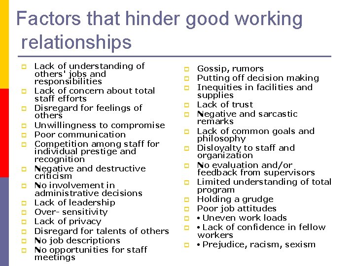 Factors that hinder good working relationships p p p p Lack of understanding of