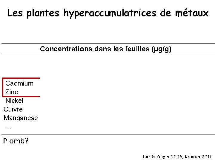 Les plantes hyperaccumulatrices de métaux Concentrations dans les feuilles (µg/g) Cadmium Zinc Nickel Cuivre