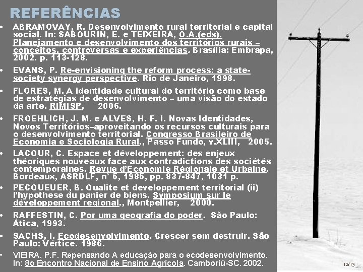  • REFERÊNCIAS ABRAMOVAY, R. Desenvolvimento rural territorial e capital social. In: SABOURIN, E.