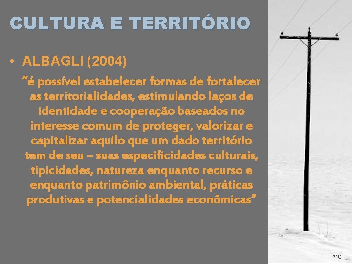 CULTURA E TERRITÓRIO • ALBAGLI (2004) “é possível estabelecer formas de fortalecer as territorialidades,