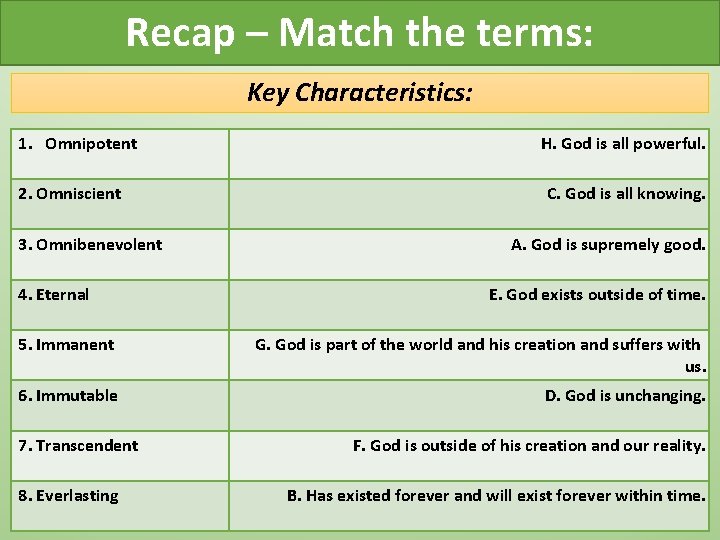 Recap – Match the terms: Key Characteristics: 1. Omnipotent 2. Omniscient 3. Omnibenevolent 4. Recap – Match the terms: Key Characteristics: 1. Omnipotent 2. Omniscient 3. Omnibenevolent 4.