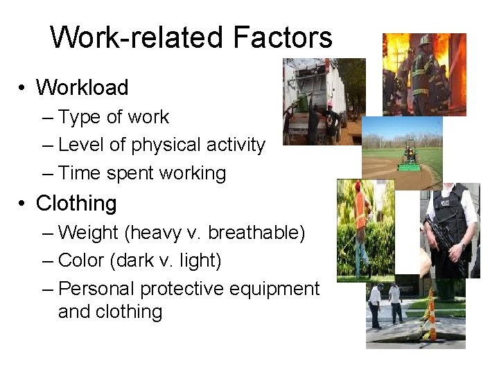 Work-related Factors • Workload – Type of work – Level of physical activity –