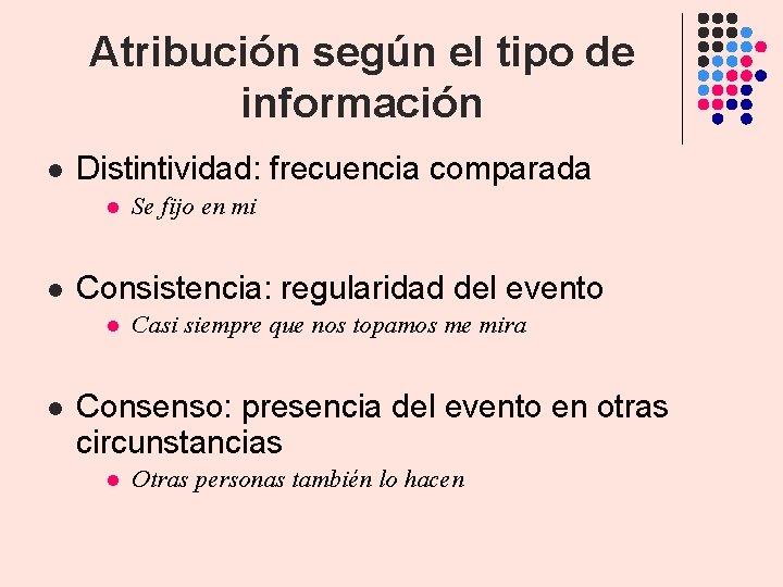 Atribución según el tipo de información l Distintividad: frecuencia comparada l l Consistencia: regularidad Atribución según el tipo de información l Distintividad: frecuencia comparada l l Consistencia: regularidad