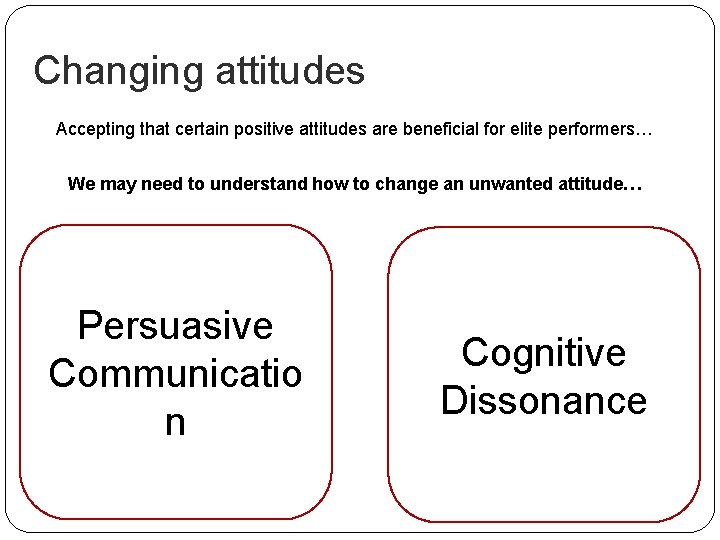 Changing attitudes Accepting that certain positive attitudes are beneficial for elite performers… We may