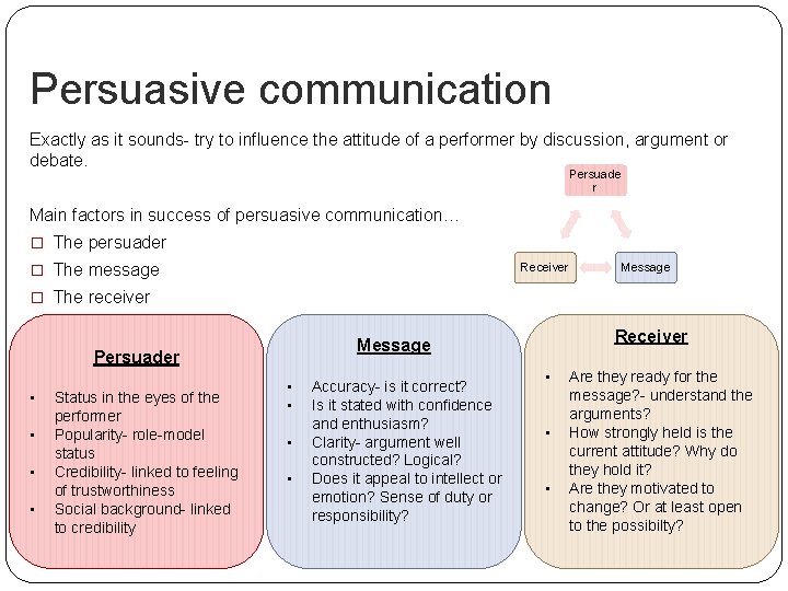 Persuasive communication Exactly as it sounds- try to influence the attitude of a performer