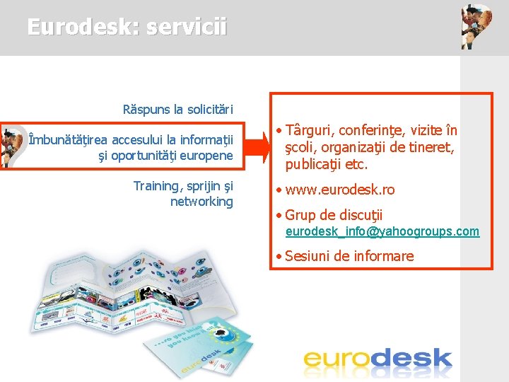 Eurodesk: servicii Răspuns la solicitări Îmbunătăţirea accesului la informaţii şi oportunităţi europene Training, sprijin