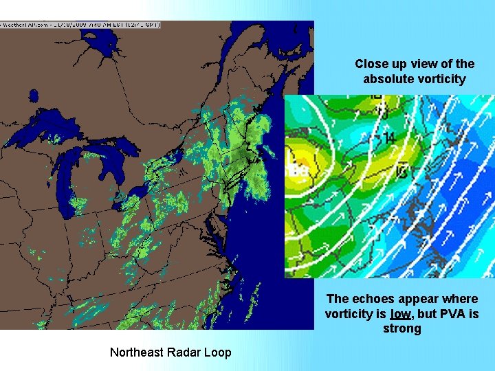 Close up view of the absolute vorticity The echoes appear where vorticity is low,