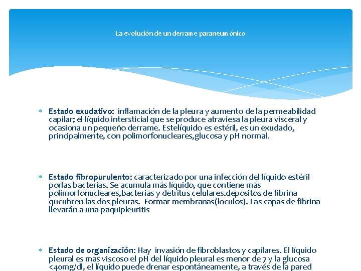 La evolución de un derrame paraneumónico Estado exudativo: inflamación de la pleura y aumento