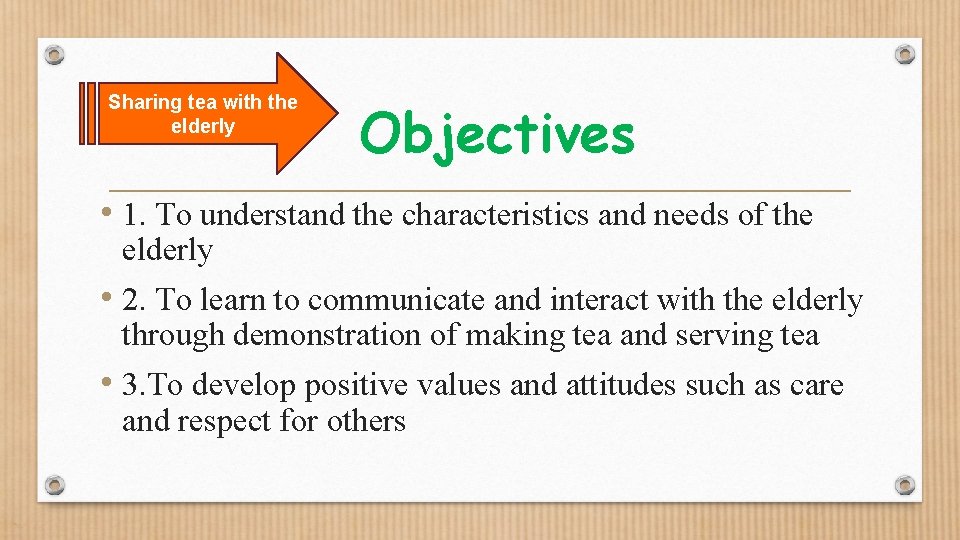 Sharing tea with the elderly Objectives • 1. To understand the characteristics and needs