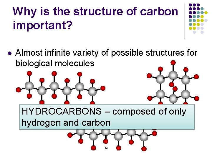 Why is the structure of carbon important? l Almost infinite variety of possible structures