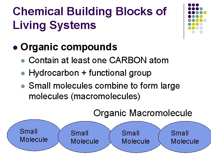 Chemical Building Blocks of Living Systems l Organic compounds l l l Contain at