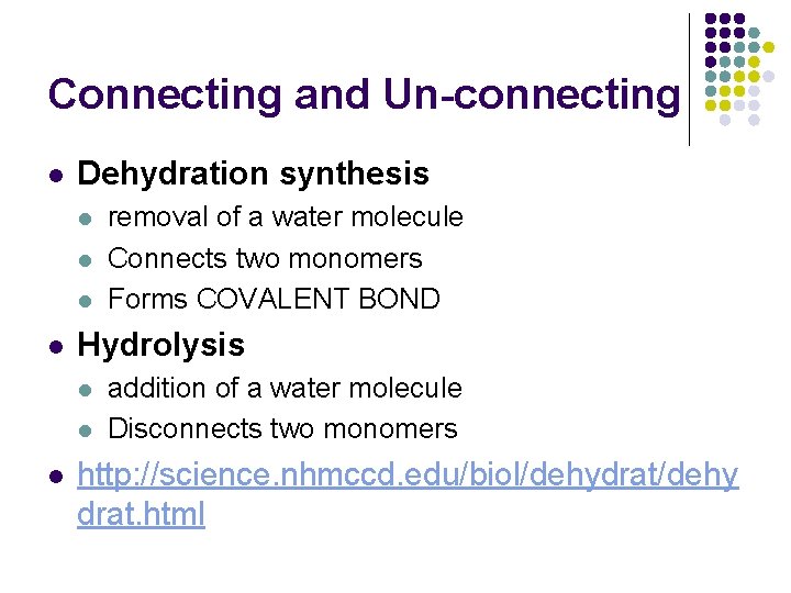 Connecting and Un-connecting l Dehydration synthesis l l Hydrolysis l l l removal of