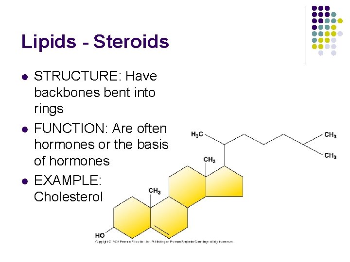 Lipids - Steroids l l l STRUCTURE: Have backbones bent into rings FUNCTION: Are