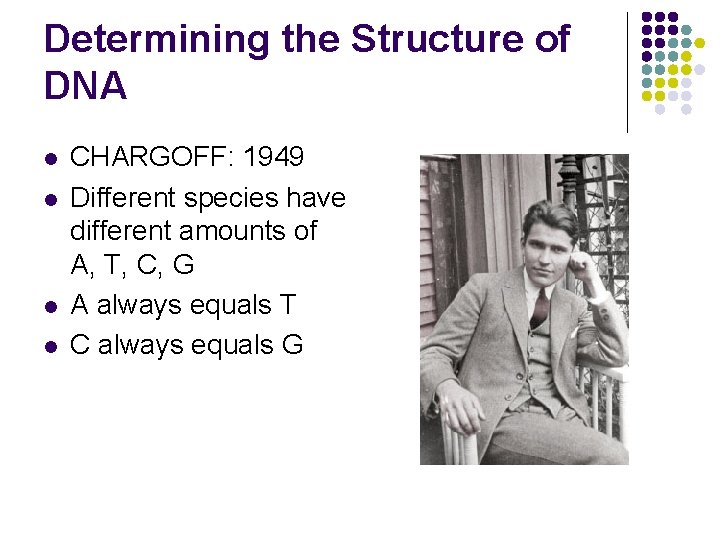 Determining the Structure of DNA l l CHARGOFF: 1949 Different species have different amounts