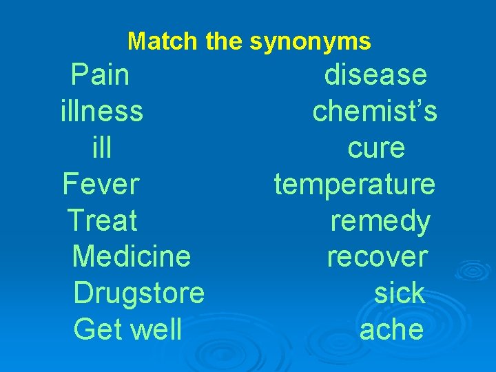 Match the synonyms Pain illness ill Fever Treat Medicine Drugstore Get well disease chemist’s