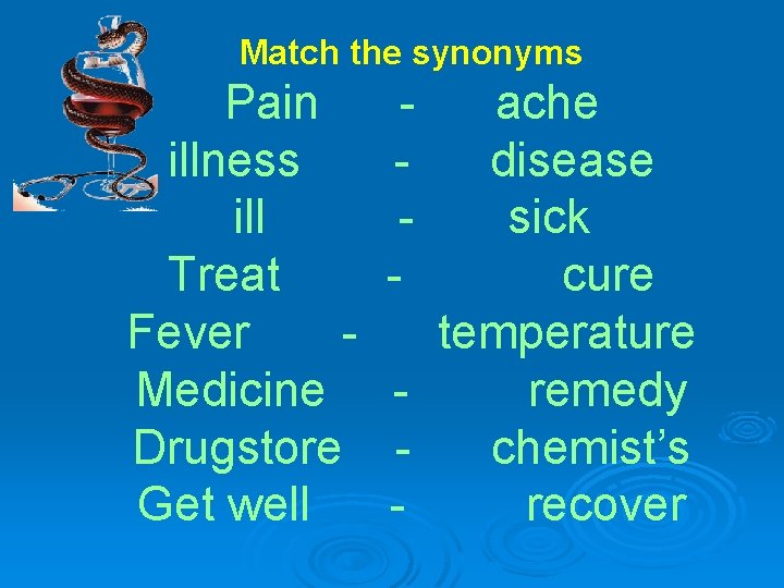 Match the synonyms Pain illness ill Treat Fever Medicine Drugstore Get well - ache