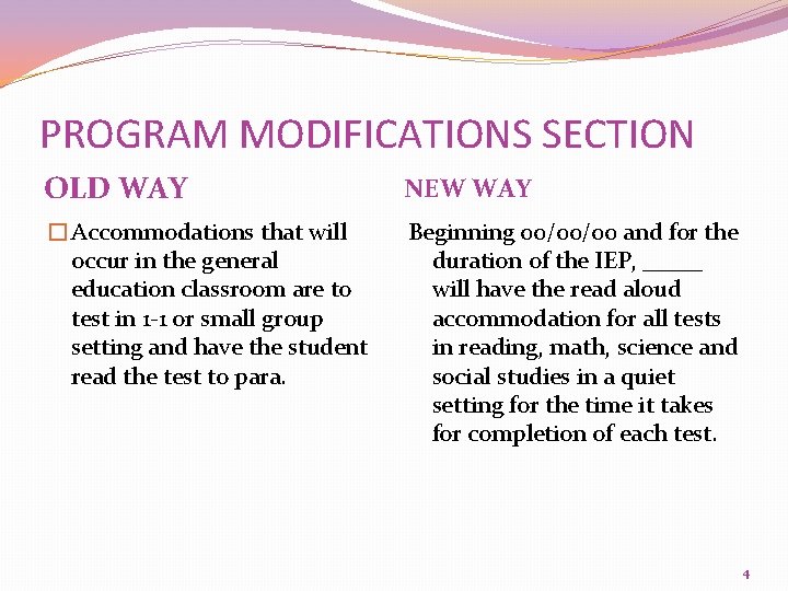 PROGRAM MODIFICATIONS SECTION OLD WAY NEW WAY �Accommodations that will occur in the general