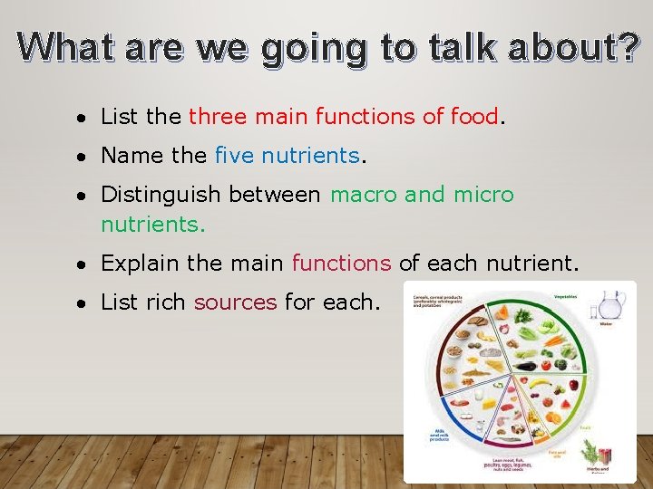 What are we going to talk about? List the three main functions of food. What are we going to talk about? List the three main functions of food.