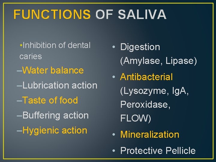 FUNCTIONS OF SALIVA • Inhibition of dental caries –Water balance • Digestion (Amylase, Lipase)