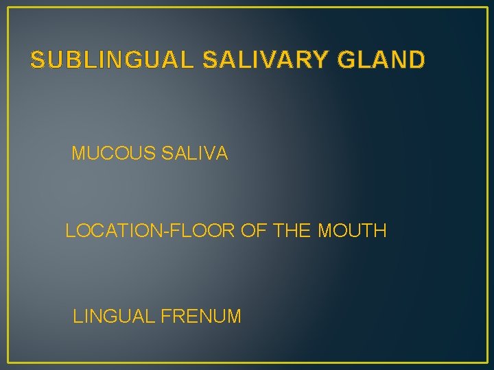 SUBLINGUAL SALIVARY GLAND MUCOUS SALIVA LOCATION-FLOOR OF THE MOUTH LINGUAL FRENUM 