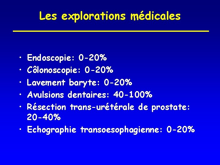 Les explorations médicales • • • Endoscopie: 0 -20% Côlonoscopie: 0 -20% Lavement baryte: