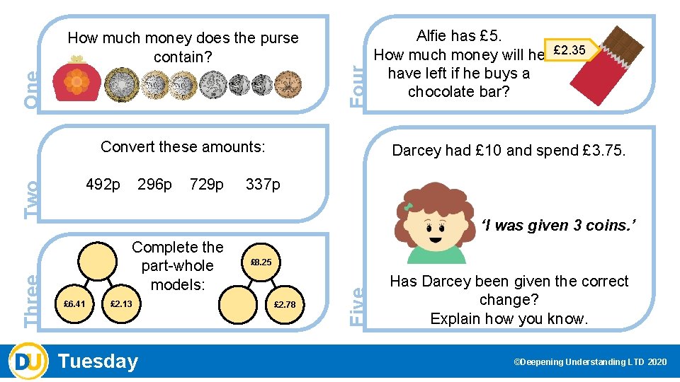 Four One How much money does the purse contain? Convert these amounts: 296 p